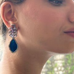 3.75 Karat Pırlanta 6.70 Karat Safir 22.45 Karat Opal 18K Sarı Altın Küpe