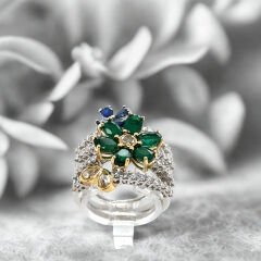 2.70 Karat Pırlanta 1.01 Karat Elmas 5.40 Karat Zümrüt 1.90 Karat Safir 18 Ayar Beyaz Altın Yüzük