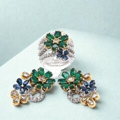 2.70 Karat Pırlanta 1.01 Karat Elmas 5.40 Karat Zümrüt 1.90 Karat Safir 18 Ayar Beyaz Altın Yüzük