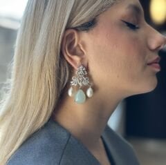 1.00 Karat Pırlanta Opal ve İnci 18K Beyaz Altın Küpe