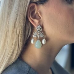 1.00 Karat Pırlanta Opal ve İnci 18K Beyaz Altın Küpe