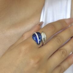 4.10 Karat Sapphire 0.30 Karat Pırlanta 18 Ayar Beyaz Altın Yüzük