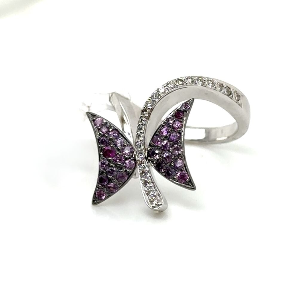 0.20 Karat Pırlanta 0.75 Karat Pembe Turmalin Kelebek Tasarım Yüzük